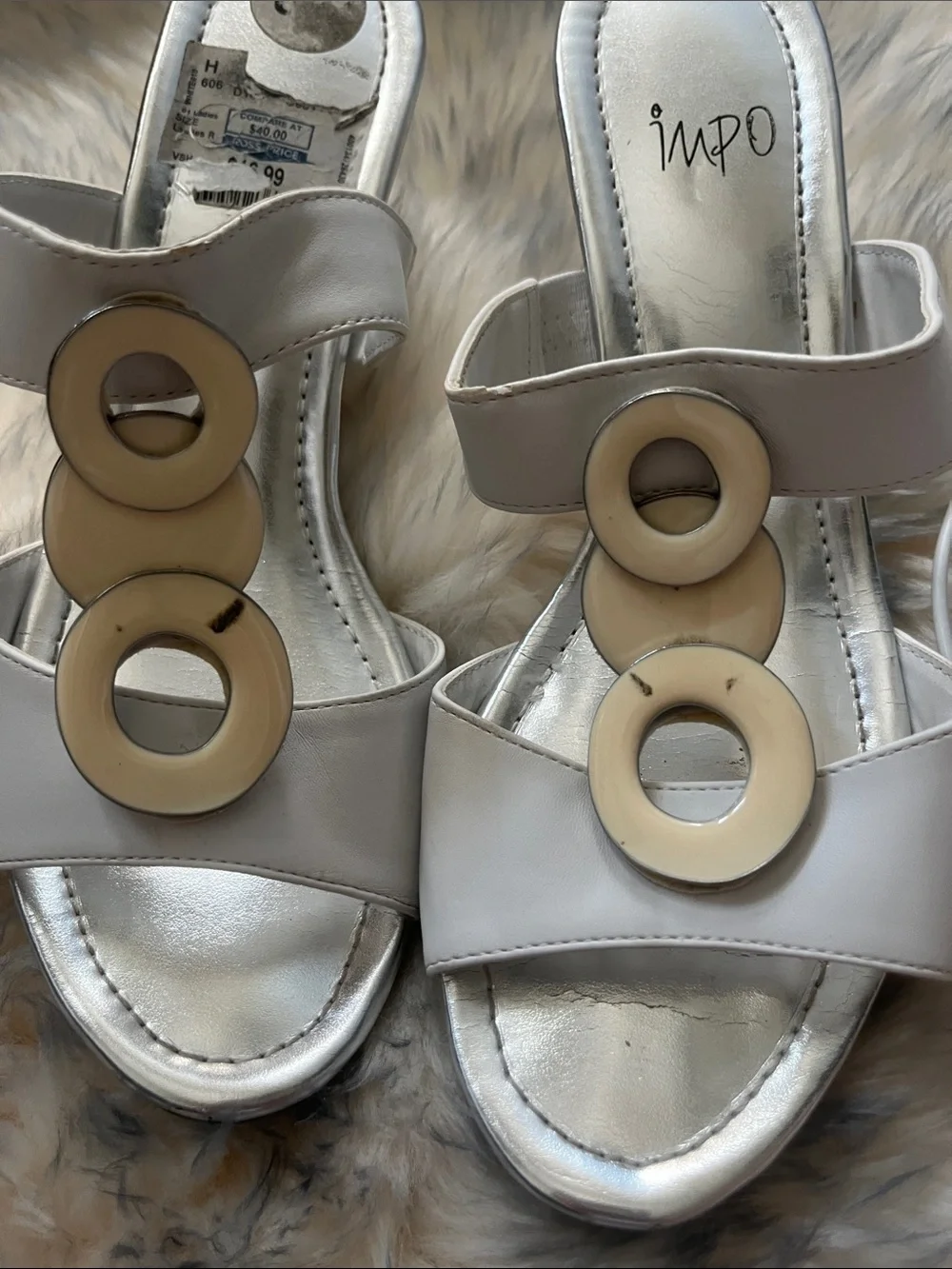 Impo White Slide Mules with Ivory Ring Detail